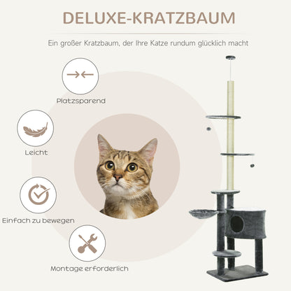 Kattenklimtoren – Krabpaal – Klimtoren – Kattenboom – Speelparadijs – Donkergrijs – Verstelbare Hoogte 220-265 cm – Inclusief Kattenhol en Hangmat