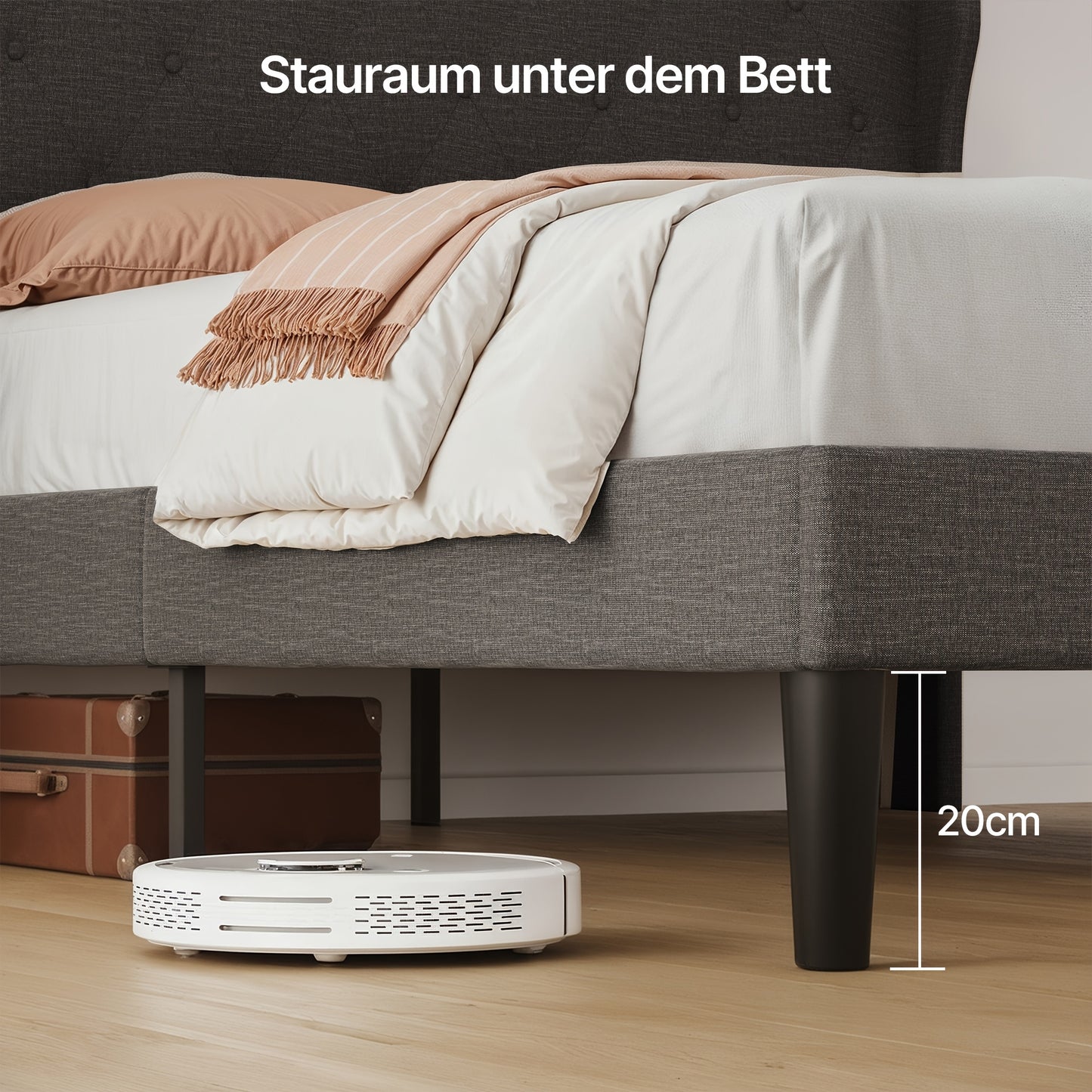 Gestoffeerd Bedframe – Bedombouw – Bedframe Met Opbergruimte – Lattenbodem Bed – Slaapbank – Donkergrijs – 20 cm Opbergruimte – Stevig Houten Lattenbodem
