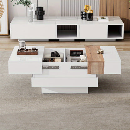Modern White Metal Coffee Table with Extendable Top & Hidden Storage Shelves - 70x70x39cm, High-Gloss Finish, Square Design for Living Room, Bedroom, Office - Space-Saving Side Table with Drawers, Coffee Table for Living Room