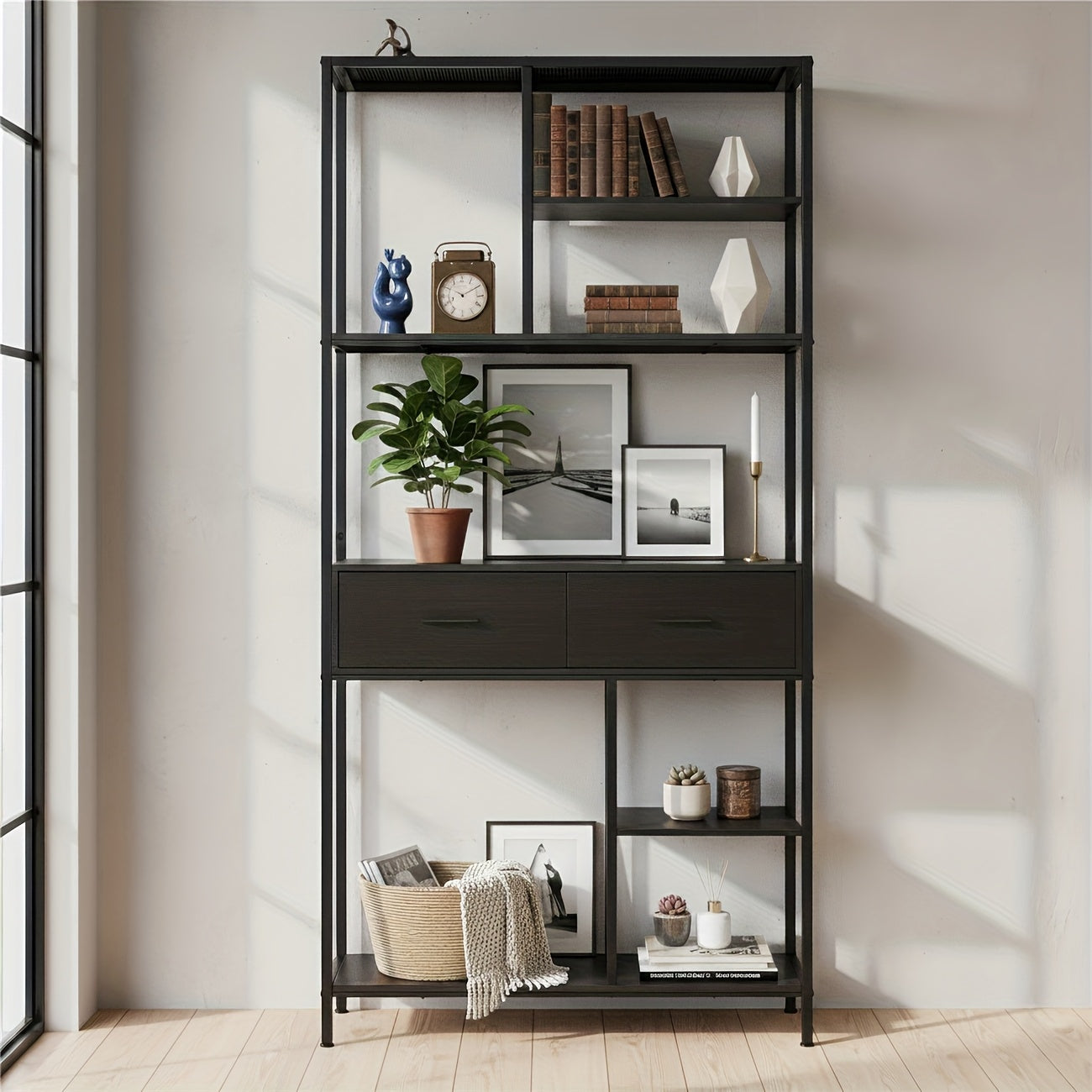 Boekenkast – Boekenplank – Opbergkast – Rek – Ladenkast – Hoog 5-laags Design – Metaal & MDF Frame