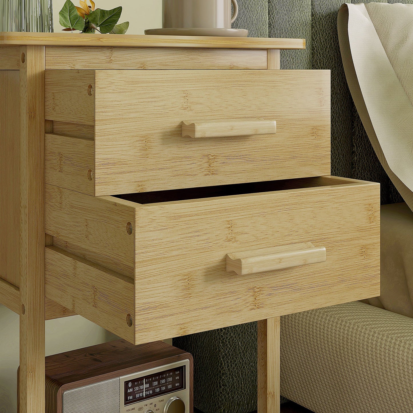 Nachtkastje – Nachtkastjes – Bijzettafel – Bedside Table – Ladekastje – Bamboe – 40x34x60 cm – Set Van 2 – Met Lade En Plank – Scandinavisch Design