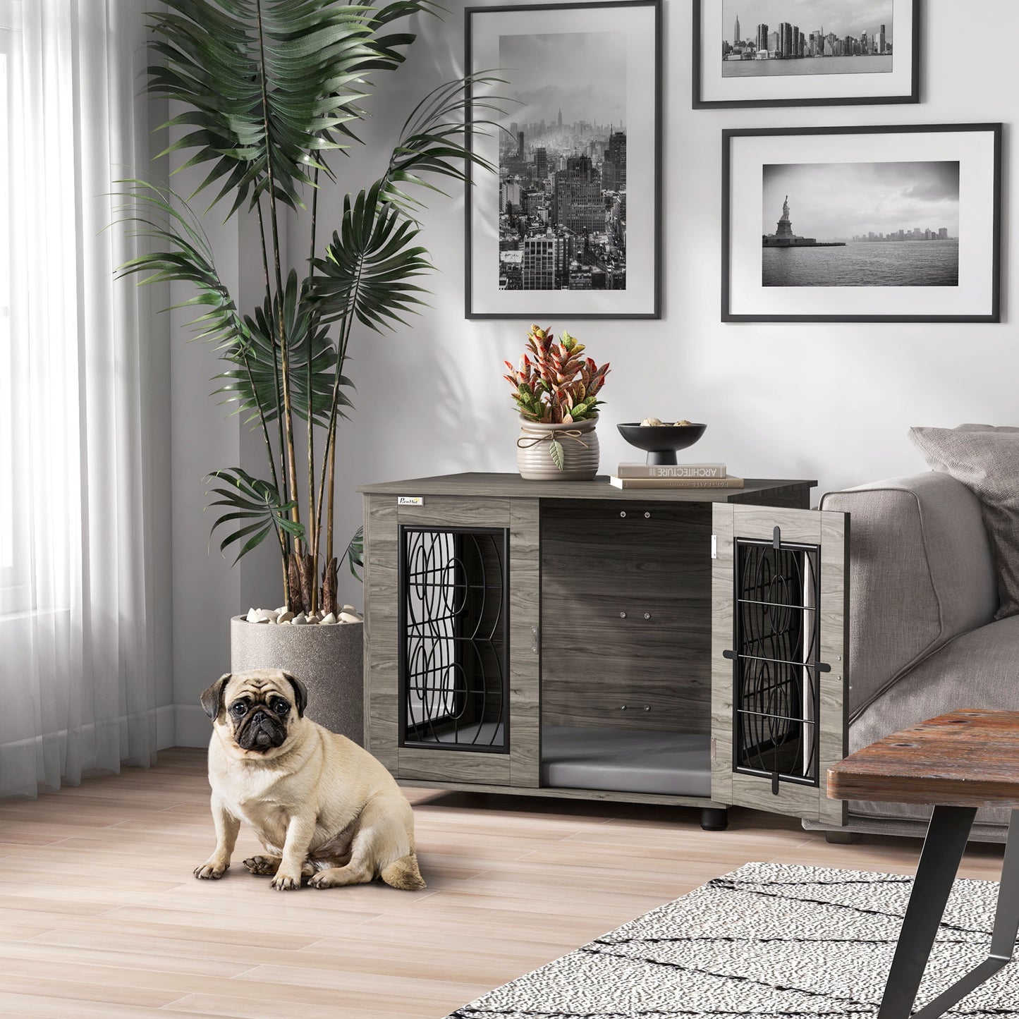 Hondenbench – Hondenkooi – Hondenhok – Reisbench – Bench – Met Zachte Wasbare Mat – Voor Middelgrote Honden Tot 20 kg – Grijs Met Houtdecor