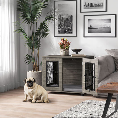 Hondenbench – Hondenkooi – Hondenhok – Reisbench – Bench – Met Zachte Wasbare Mat – Voor Middelgrote Honden Tot 20 kg – Grijs Met Houtdecor
