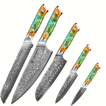 Damast Messen – Koksmes – Santokumes – Broodmes – Schilmes – VG10 Damaststaal – Ergonomische Oranje Resin Handvatten