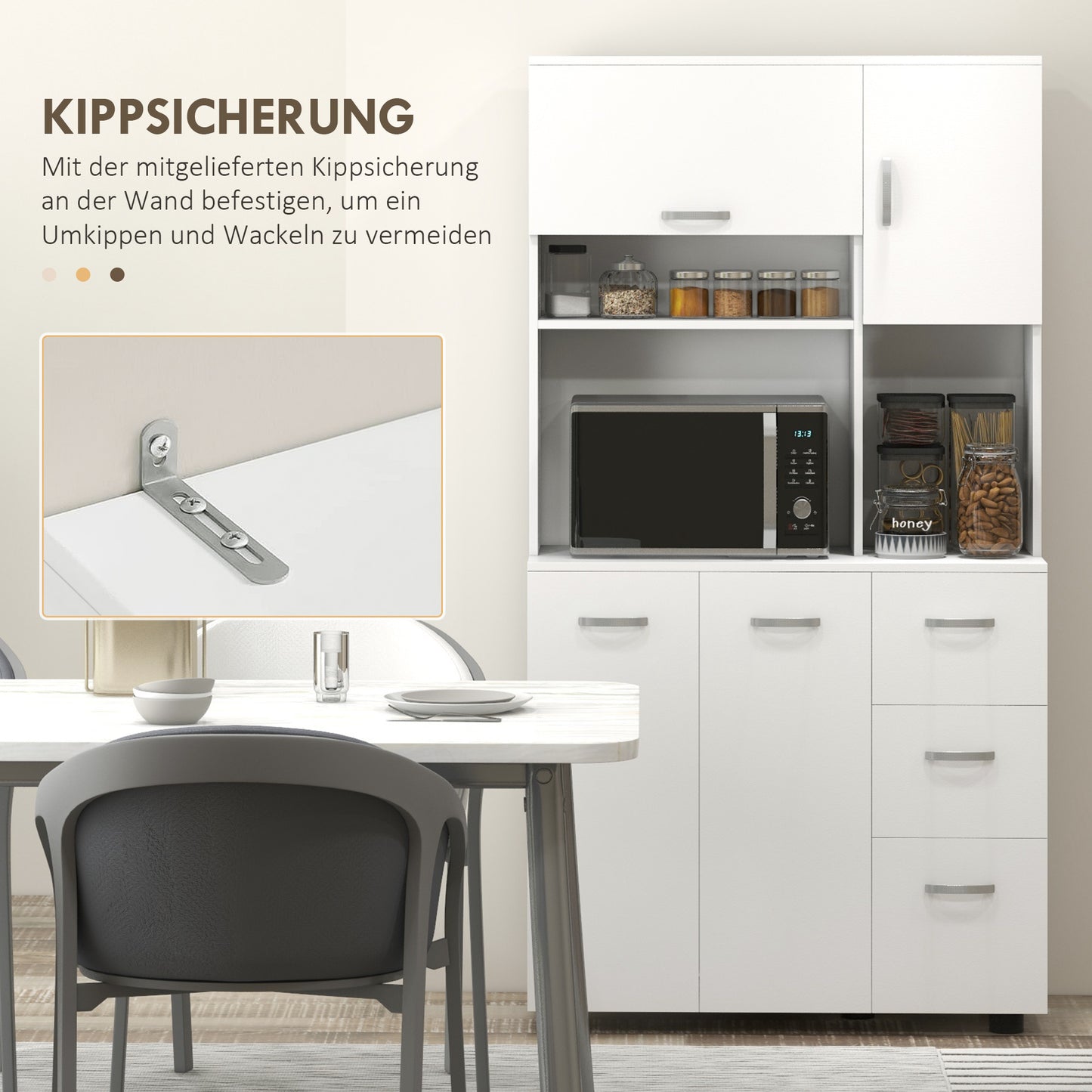 Keukenkast – Buffetkast – Opbergkast – Ladekast – Voorraadkast – Wit – 3 Lades & 3 Planken – Compact 89x39,5x168 cm