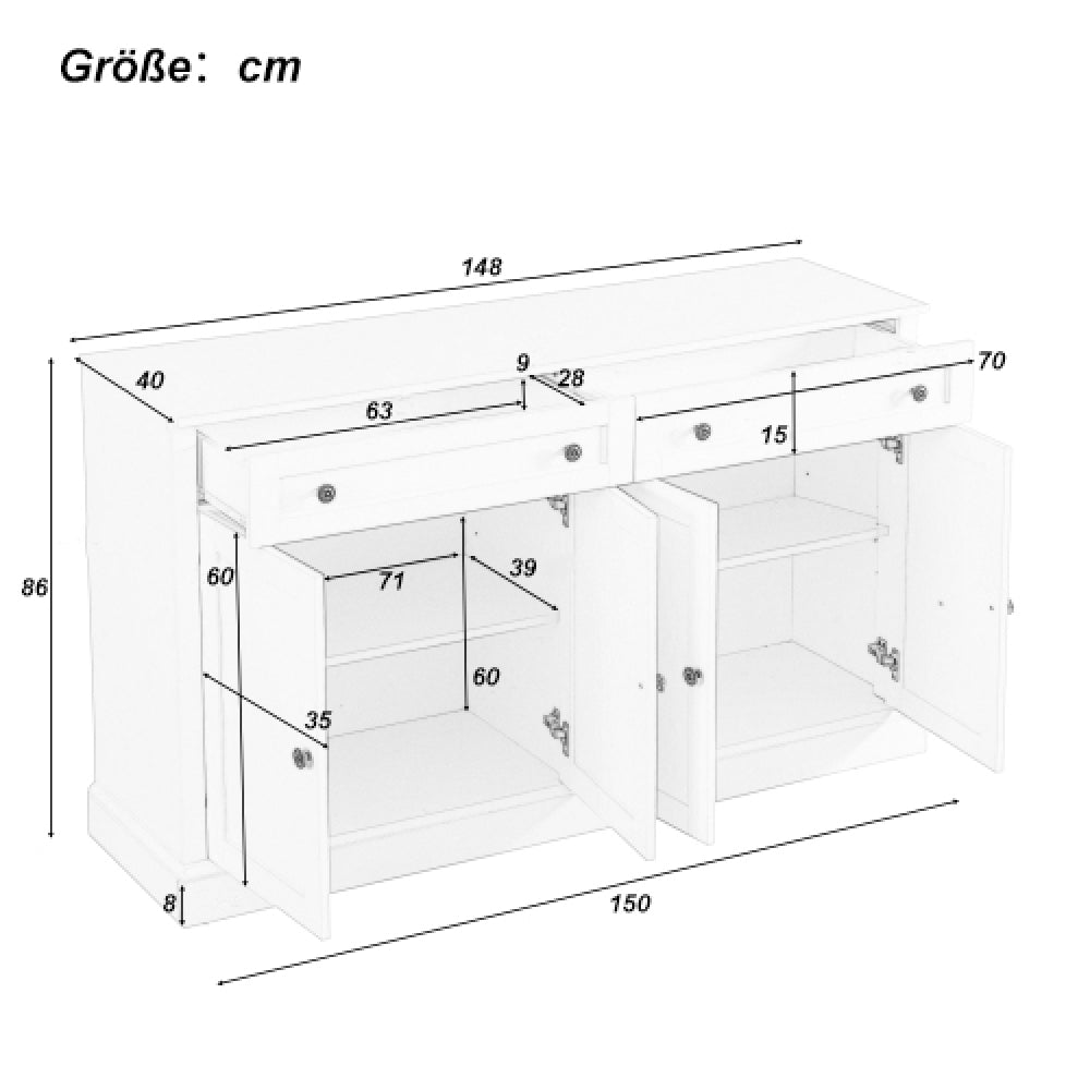 Large Modern 4-Door Cabinet with Double Drawers - -Standing Storage Unit, Dining Room & Furniture, 150x86x40cm, Metal Frame Contemporary Sideboard for Apartments, Houses, Hotels (Space-Saving Design)