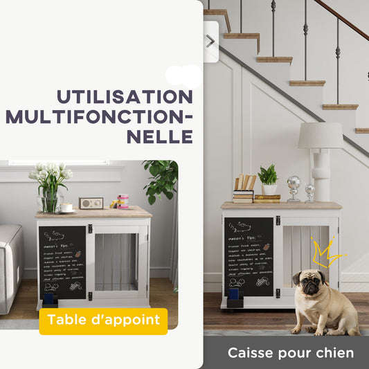 Hondenbench – Hondenkooi – Mand – Hondenhok – Binnenkennel – Middelgrote Hond – Drie Deuren – Multifunctionele Bijzettafel – Wit – 80x60x70 cm – Met Krijtbord