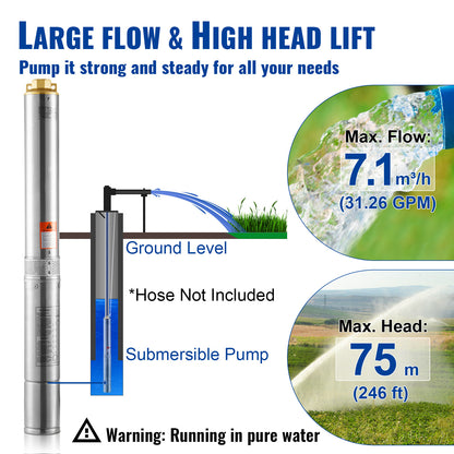 Diepeputpomp – Waterpomp – Onderwaterpomp – Putpomp – Dompelpomp – Roestvrijstalen Behuizing – 750W Vermogen – 75 Meter Pomphoogte