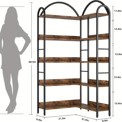 1pc Heavy-Duty Industrial Metal L-Shaped Corner Bookshelf with 5-Tier Arched Shelving Unit - Freestanding Floor Shelf with Sturdy A-Frame Design, Easy Assembly & Space-Saving Shelving for Living Room, Bedroom, Home Office - M