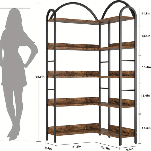 Boekenplank – Boekenrek – Wandplank – Boekenhouder – Boekenkast – Industrieel Metalen Hoekrek – 5-Lagen Boogvormige Planken – Vrijstaand en Stevig A-Frame Design
