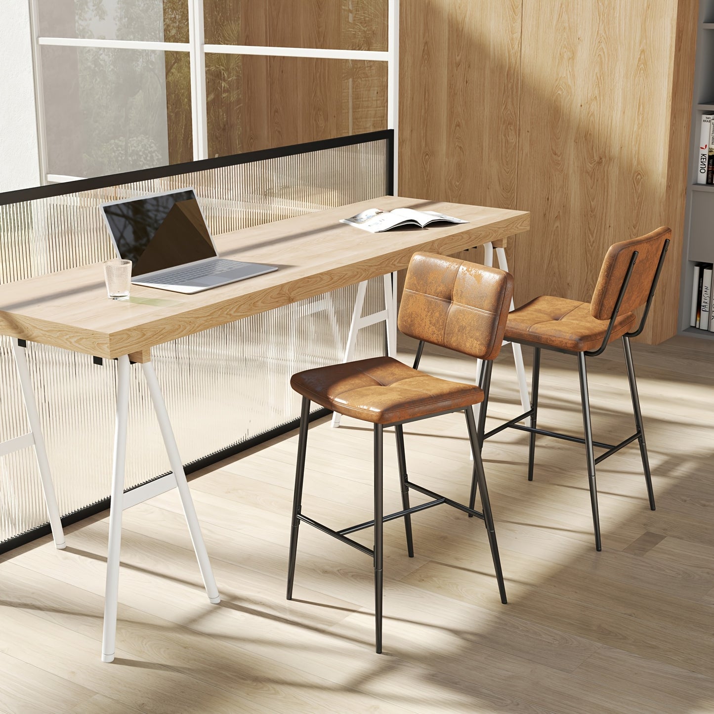 Barkruk – Barstoel – Kruk – Hoog zitmeubel – Bistrostoel – Industrieel design – Suède bekleding – Met rugleuning en voetensteun – Hoogte 75 cm – Metaal frame – Bruin