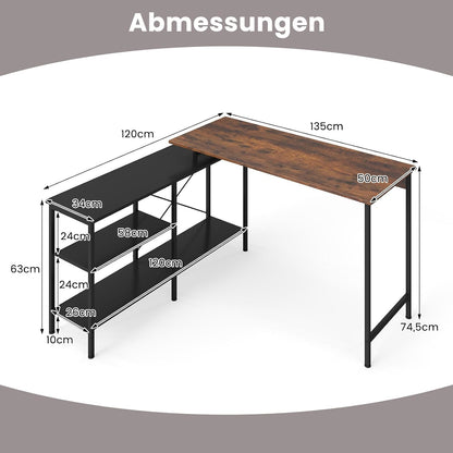 L-vormig Bureau – Hoekbureau – Gamestoel Bureau – Werkplek Bureau – Bureau Met Opbergruimte – Omkeerbaar ontwerp – Robuust Metalen Frame – Ruim Werkblad 135x120 cm – Rustiek Bruin