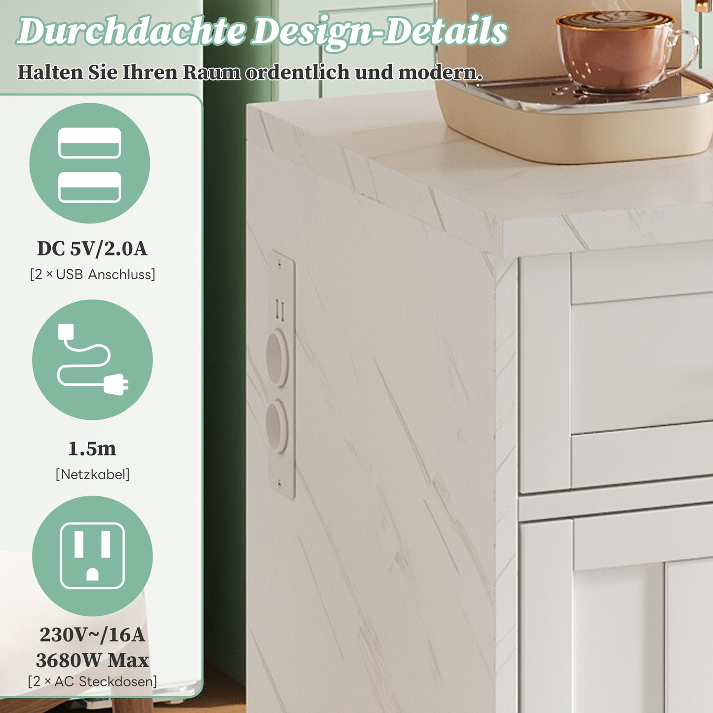 Keukenunit – Keukeneiland – Keukenkast – Werkbank – Ontbijtbar – Compact Model Wit – Marmerlook Werkblad – Veel Opbergruimte