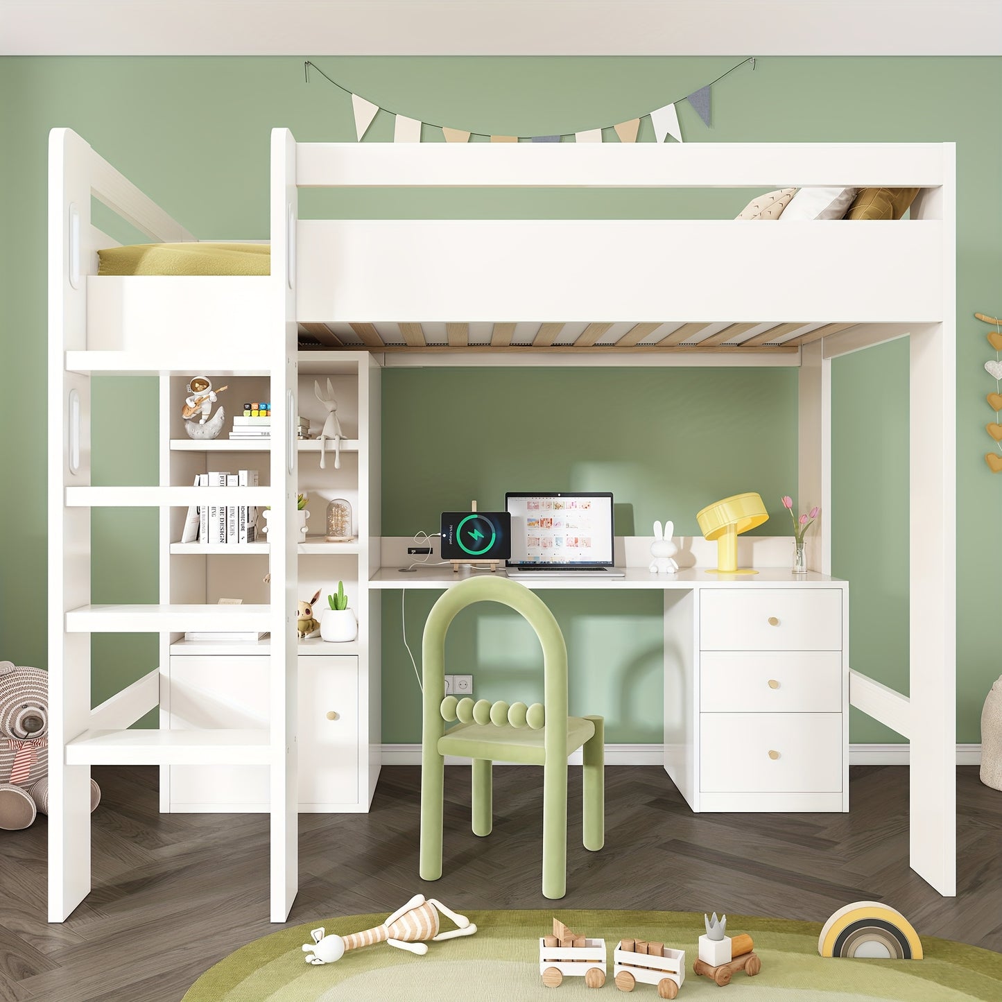 Loft Bed, Desk, Wardrobe And Filing Cabinet with Stairs And Slatted Shelves, Storage Space, 90 X 200, Mattress Not Included
