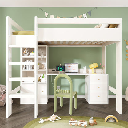 Loft Bed, Desk, Wardrobe And Filing Cabinet with Stairs And Slatted Shelves, Storage Space, 90 X 200, Mattress Not Included