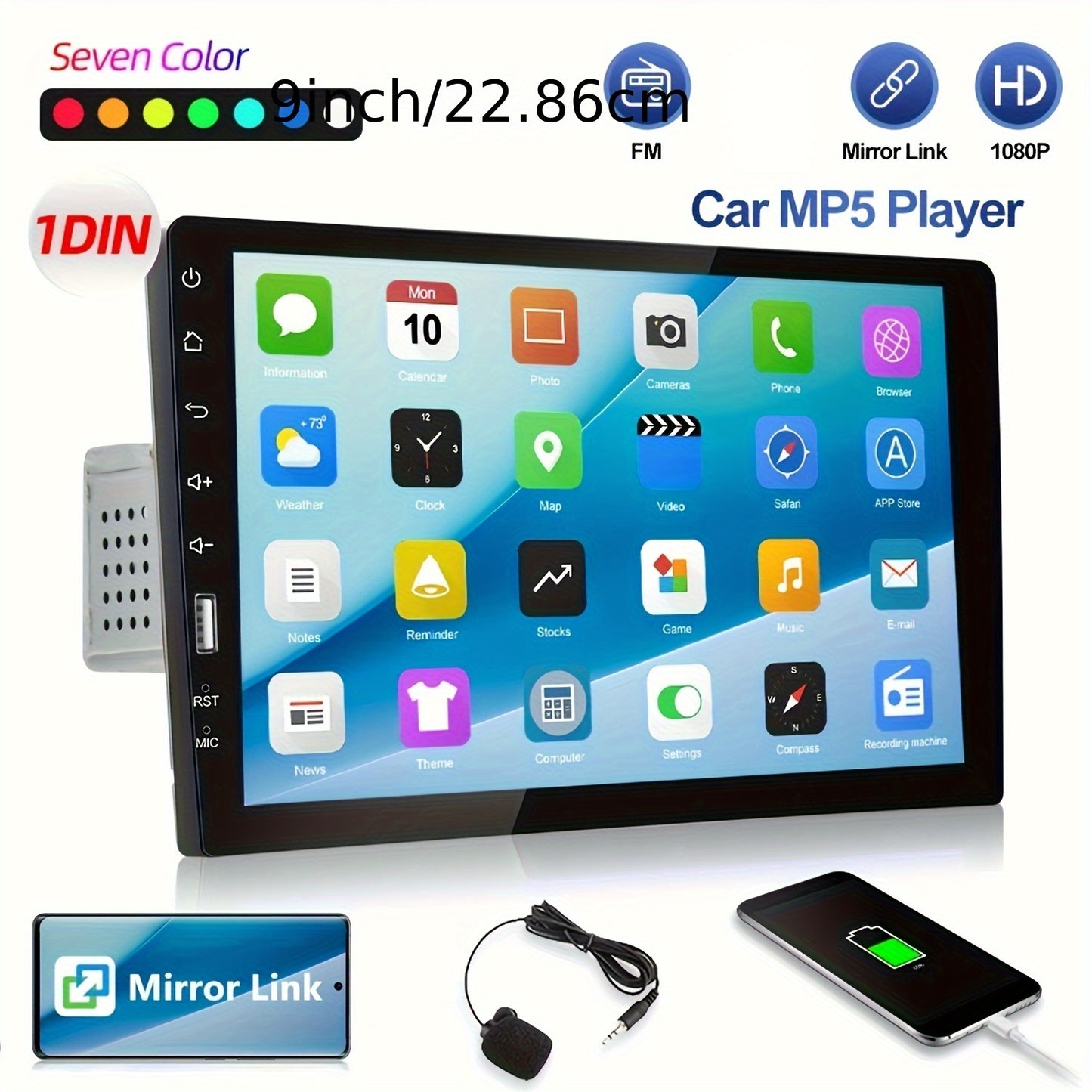 Autoradio – MP5 Speler – Car Audio – 1-DIN Radio – Multimedia Systeem – 9 Inch Touchscreen – Mirror Link Wireless – 4 x 45W Output