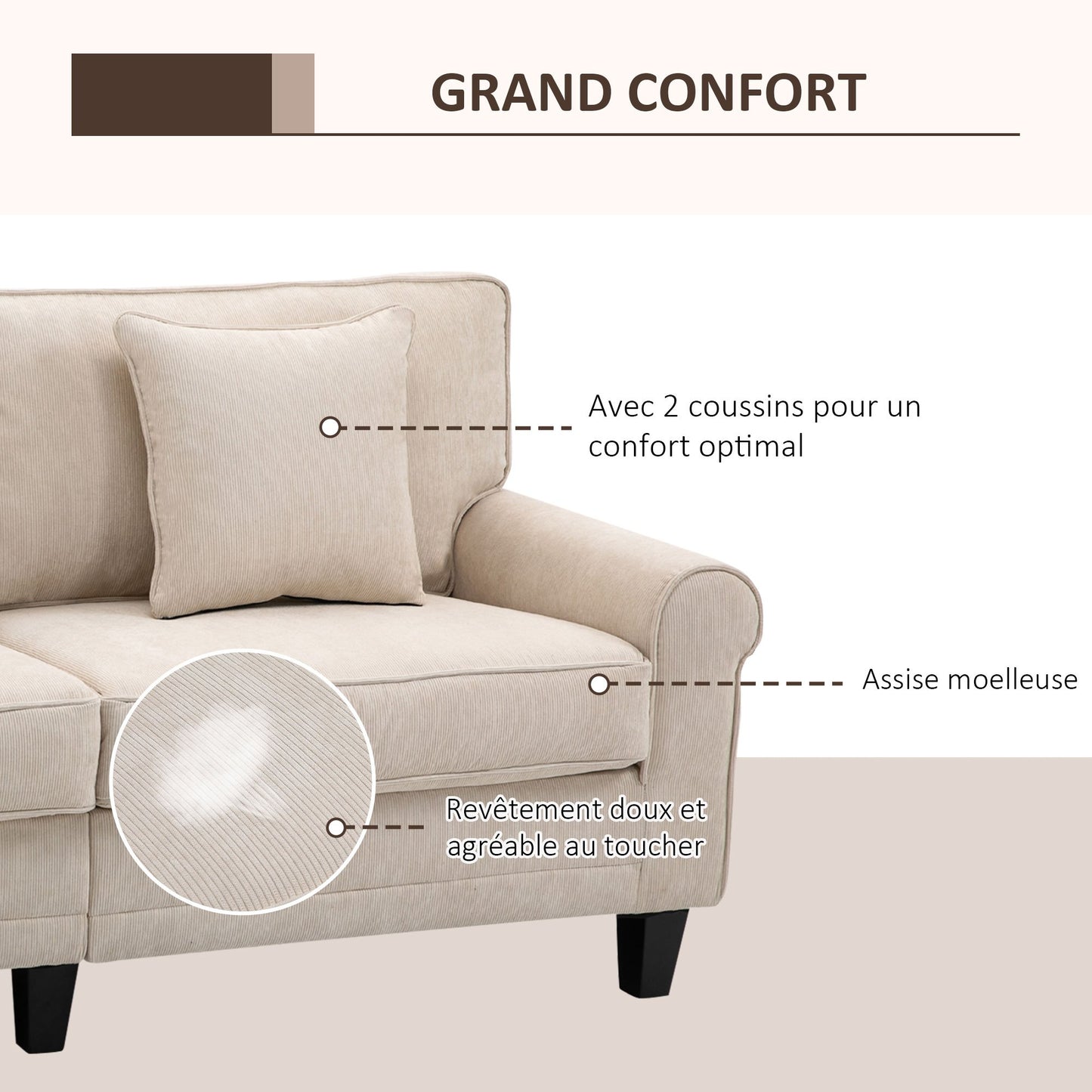Bankstel – 3-zitsbank – Sofa – Slaapbank – Zithoek – Beige Ribfluweel – Hoogwaardig Zitcomfort 197 cm – Massief Dennehouten Poten – Inclusief 2 Sierkussens