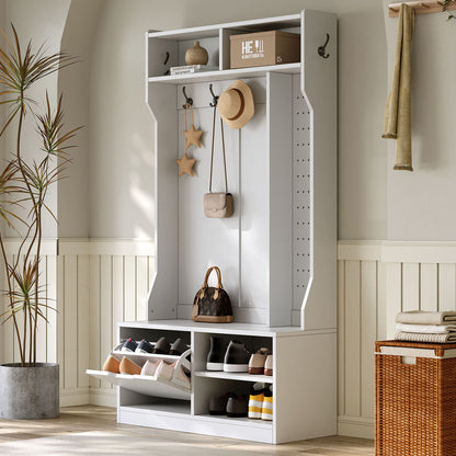 Garderobekast – Kledingkast – Halmeubel – Opbergkast – Kapstok – Wit – Met Bankje – 6 Haken – Ruimtebesparend – Eenvoudige Montage Zonder Gereedschap – 100x186x40 cm
