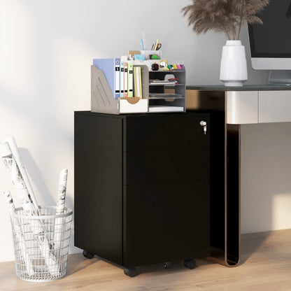Vinsetto Lockable Filing Cabinet with Drawers 37L x 43 5B x 60H cm Mobile with Wheels Brakes Adjustable Steel Bar Black Office Storage Organizer File Cabinet for Home Office