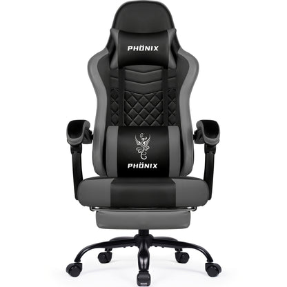 Gamingstoel – Gamestoel – Gaming Chair – Bureaustoel – Game Stoel – Ergonomisch Design – Verstelbare Voetensteun – Memory Foam Zitting – Roestvrij Stalen Frame – Grijs