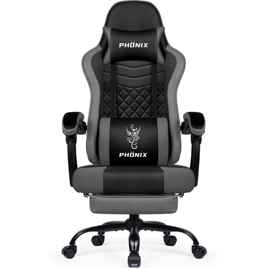 Gamingstoel – Gamestoel – Gaming Chair – Bureaustoel – Game Stoel – Ergonomisch Design – Verstelbare Voetensteun – Memory Foam Zitting – Roestvrij Stalen Frame – Grijs