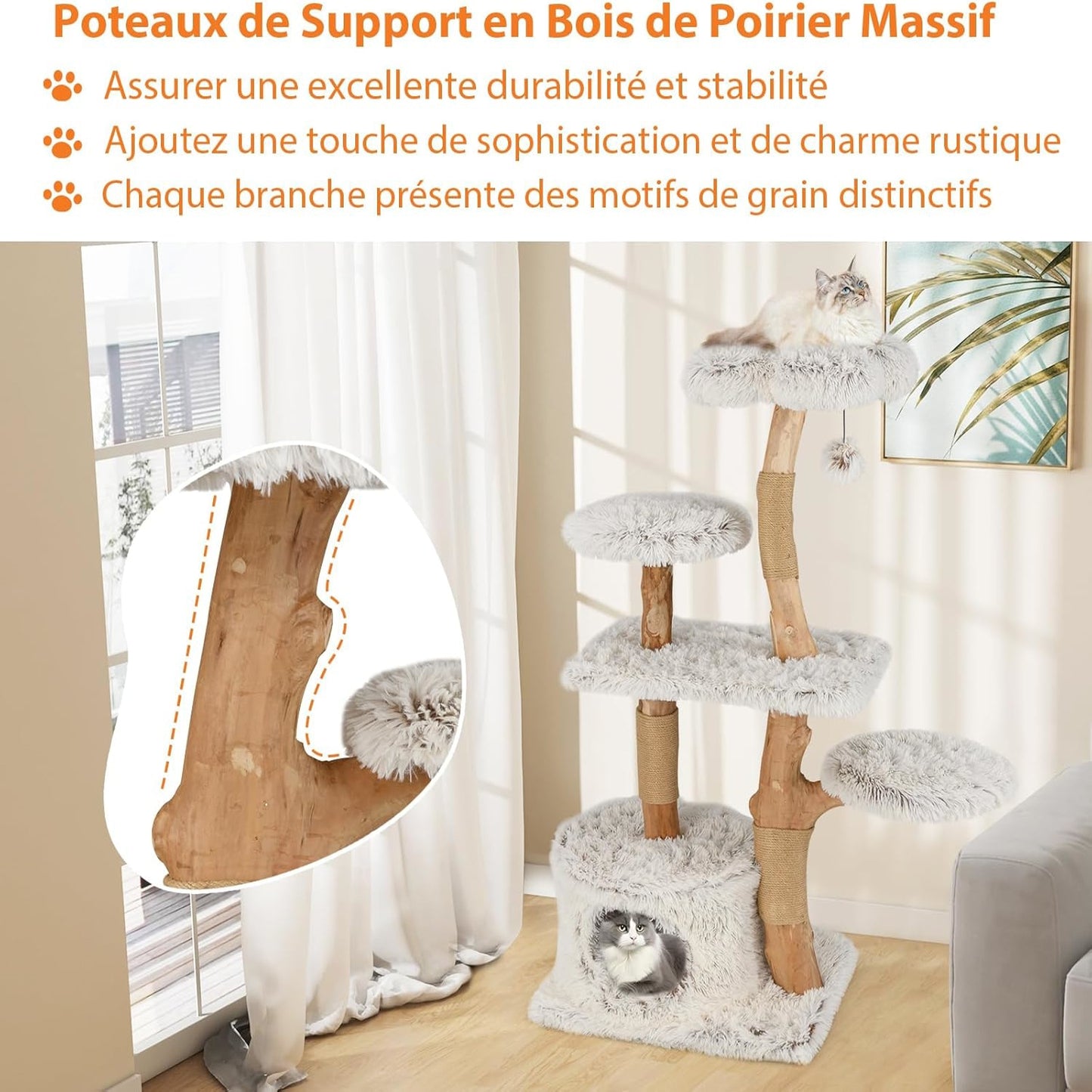 Krabpaal – Kattenboom – Kattenhuis – Krabmeubel – Kattentoren – Perenhout Constructie – Zacht Pluche Ligvlak – 135 cm Hoog