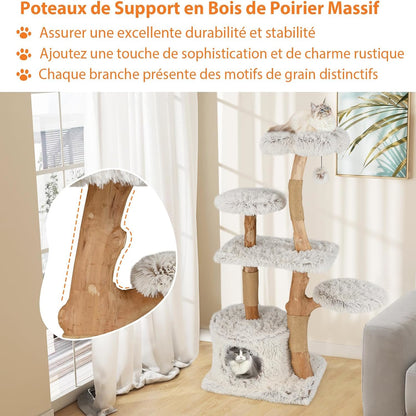 Krabpaal – Kattenboom – Kattenhuis – Krabmeubel – Kattentoren – Perenhout Constructie – Zacht Pluche Ligvlak – 135 cm Hoog