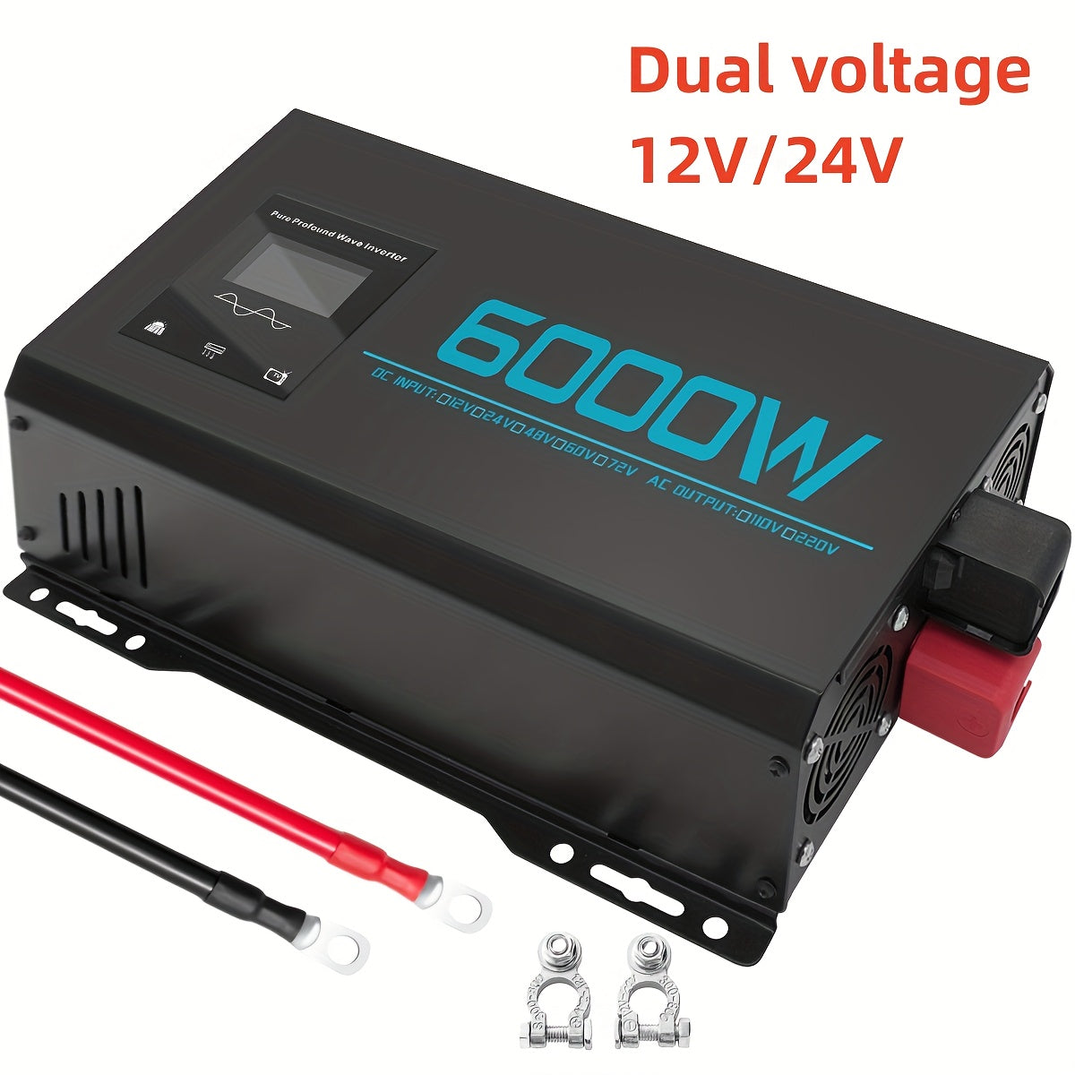 Omvormer – Spanningsomvormer – Power Inverter – Wisselstroomomvormer – Dual Voltage 12V-72V – 6000W Piekvermogen – Pure Sinusgolf met LCD Display