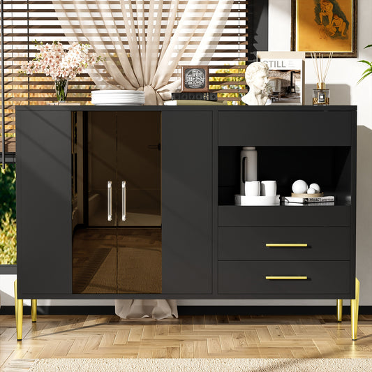 Modern Sideboard – Dressoir – Opbergkast – Kast – Woonkamermeubel – Teal Glasdeur – Gegalvaniseerde Gouden IJzeren Poten – Zwart Frame