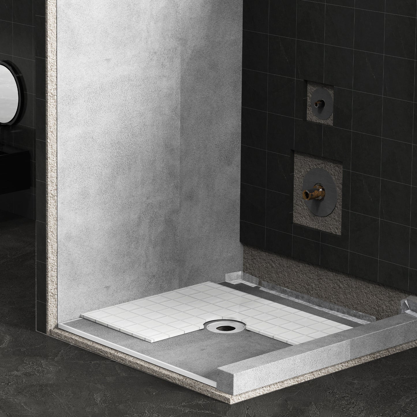 Douchebak – Douchepan – Douchevloer – Doucheplaat – Douchevloerplaat – Waterdicht HDPE Membraan – Roestvrijstalen Afvoerrooster 1828x1828mm