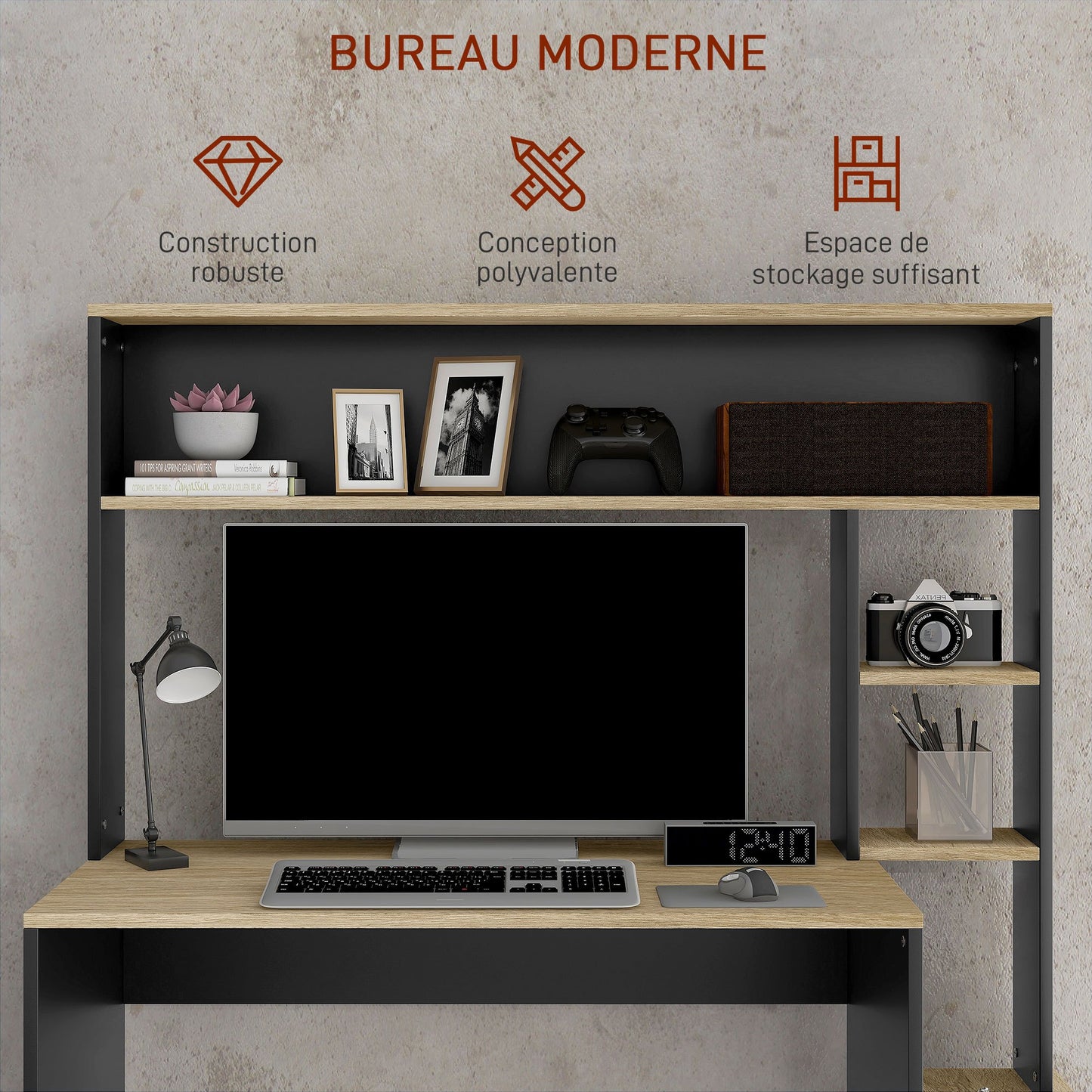 Computertafel – Bureau – Computerbureau – Bureautafel – Werkplek – 114x45x138 cm – Metaal en Spaanplaat – Met Opbergruimte