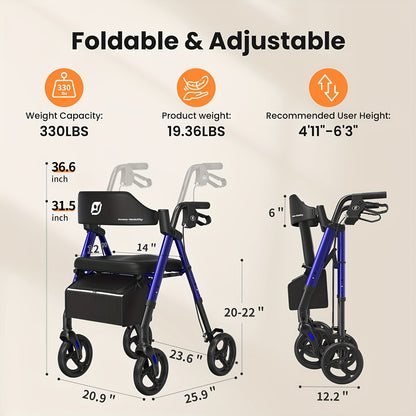 Rollator – Looprek – Wandelwagen – Mobiliteitshulpmiddel – Opvouwbare Rollator Blauw – Lichtgewicht Aluminium – Grote 20,32 cm Wielen voor Alle Terreinen