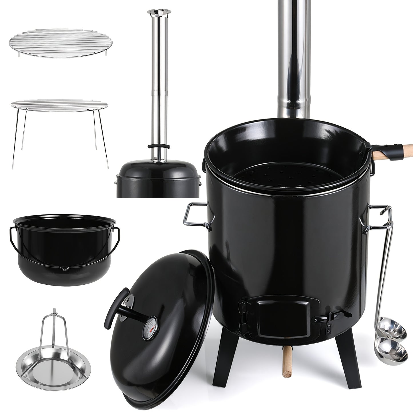 Gourmetstel – Raclette – Gourmetset – Fondue – Tafelgrill – Buitenoven met 17L + 8L geëmailleerde pannen – Ingebouwde thermometer & verstelbare ventilatie