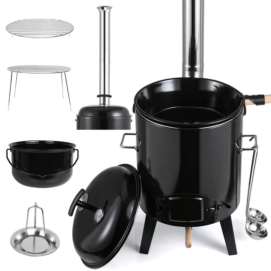 Gourmetstel – Raclette – Gourmetset – Fondue – Tafelgrill – Buitenoven met 17L + 8L geëmailleerde pannen – Ingebouwde thermometer & verstelbare ventilatie