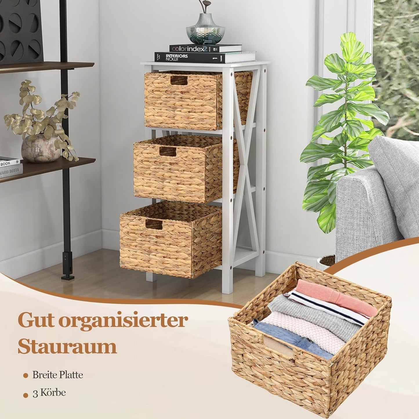 Bijzettafels – Nachtkastje – Telefontafel – Sidetable – Salontafel – Set van 2 met 3 zeegrasmanden – Stevig X-vormig metalen frame – Natuurlijke en functionele opbergruimte