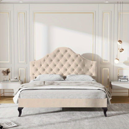 Gestoffeerd Bedframe – Bedombouw – Bedframe – Slaapbed – Bed – 140x190 cm – Verstelbare Hoofdsteun – Houten Lattenbodem – Beige Velours