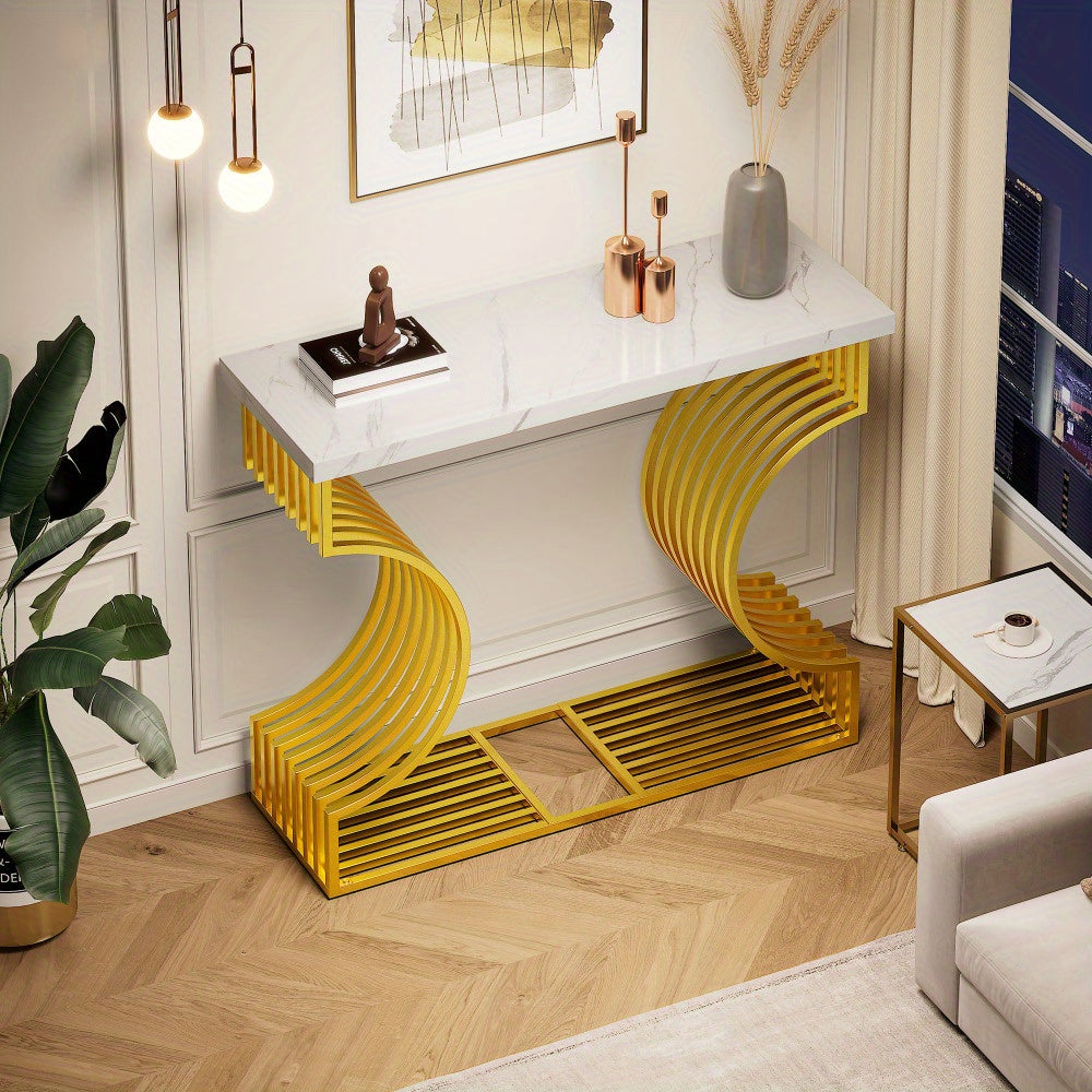 Entreetafel – Sidetable – Bijzettafel – Koffietafel – Speeltafel – Wit MDF – Gouden Onderstel – Compact Formaat 100x35x80 cm – Multifunctioneel Plaatsbaar