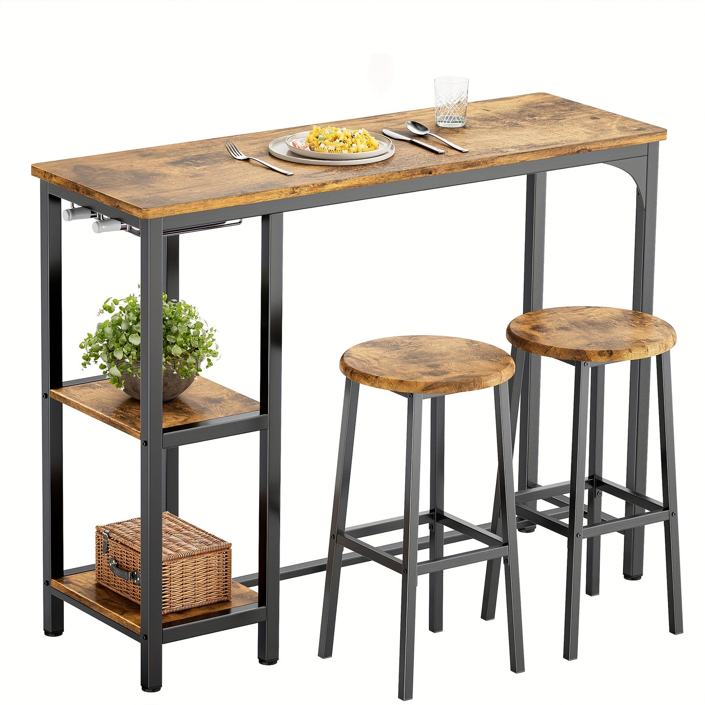 Barset – Barkrukken – Bartafel – Barmeubel – Bistroset – Industrieel Design – Houten Tafelblad – Zwart Gietijzeren Frame