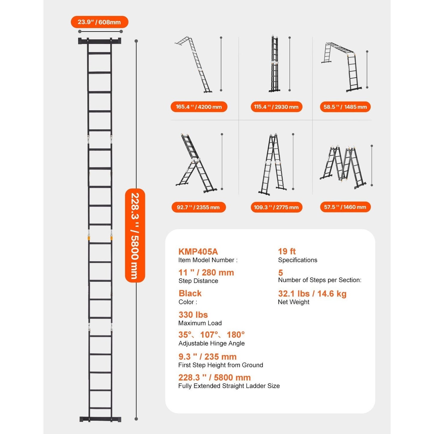 Multifunctionele Ladder – Opvouwbare Ladder – Verstelbare Ladder – Steiger Ladder – Huishoudladder – 7-in-1 Vormbaar – Aluminium Lichtgewicht 228 cm Hoog