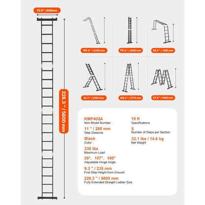 Multifunctionele Ladder – Opvouwbare Ladder – Verstelbare Ladder – Steiger Ladder – Huishoudladder – 7-in-1 Vormbaar – Aluminium Lichtgewicht 228 cm Hoog