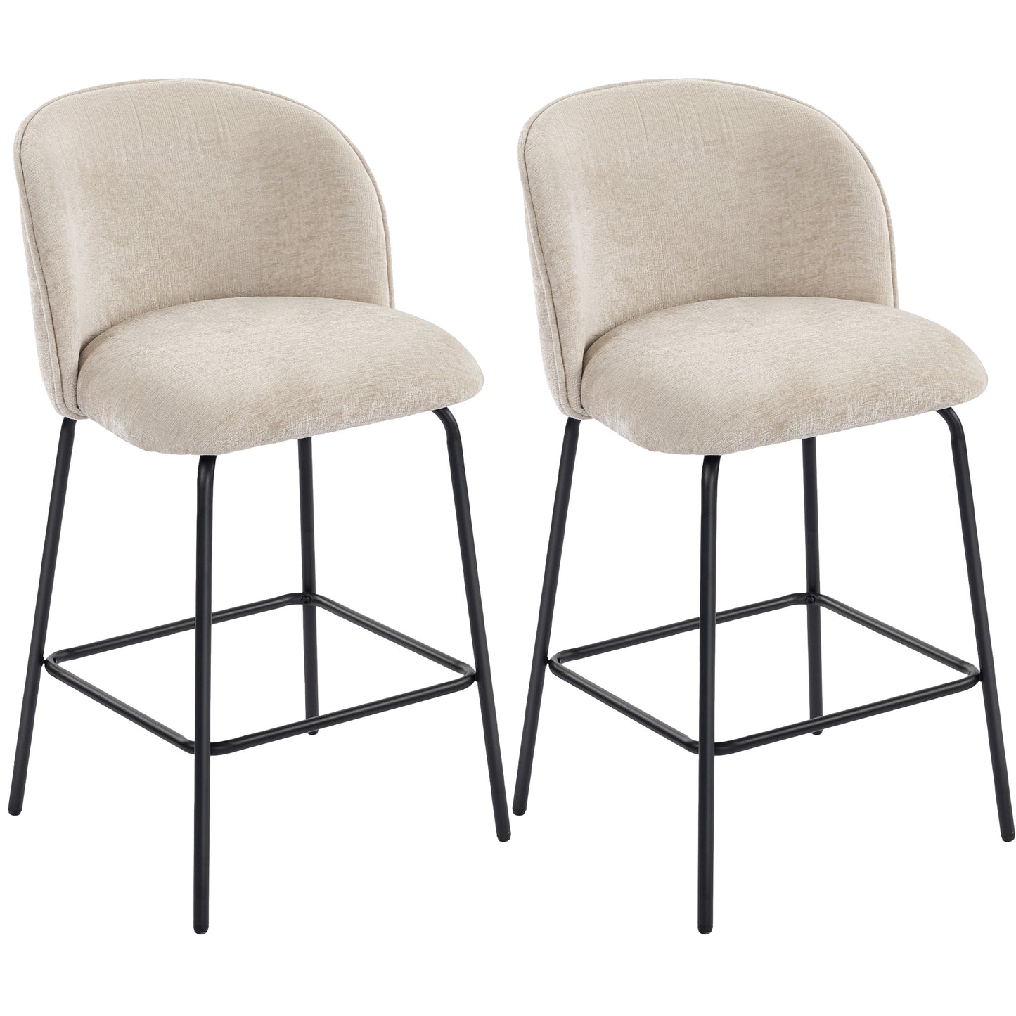 2-Piece Set of Bar Stools with Backrest and Footrest, Upholstered Chairs with Steel Legs for Kitchen Island, Dining Room, Beige