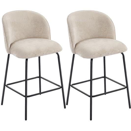 2-Piece Set of Bar Stools with Backrest and Footrest, Upholstered Chairs with Steel Legs for Kitchen Island, Dining Room, Beige