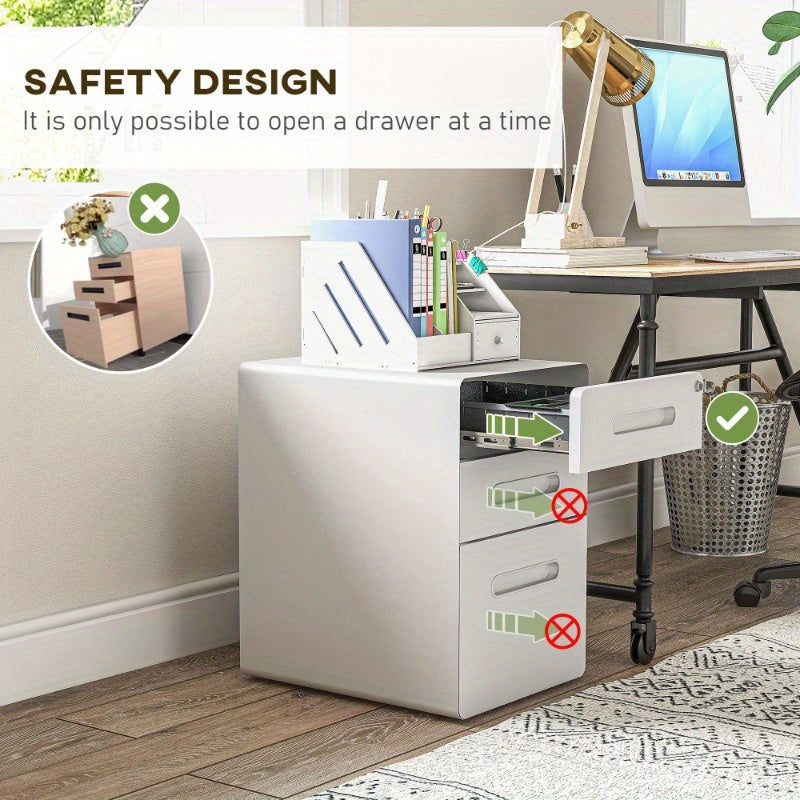 Ladekast Metalen Kassalade – Ladenkast Bureaulade Opbergkast Office Cart – 3 Lades – Mobiel – Staal Wit – Compact – Ruimtebesparend 39x48x59 cm