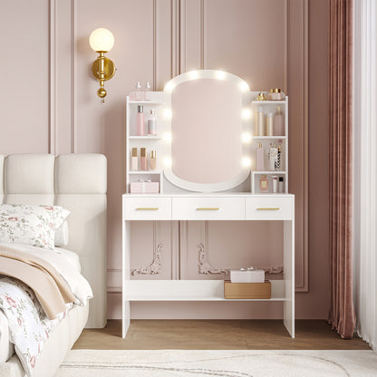 Kaptafel – Make-up Tafel – Dressoir – Toiletmeubel – Slaapkamermeubel – Wit – Ovale Spiegel – 3 Lades + 6 Open Vakken – MDF Met Populierenhout
