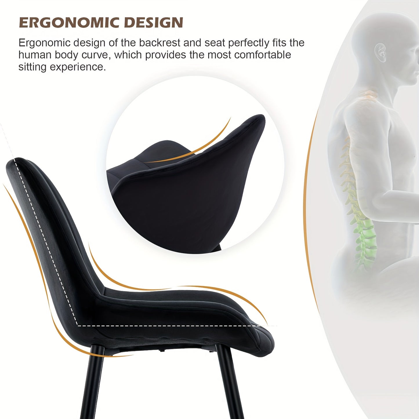 Eetkamerstoel – Stoel – Kuipstoel – Armstoel – Lounge Stoel – Set Van 2 – Zwarte Velvet Bekleding – Metalen Frame – Hoge Rugleuning – Ergonomisch Comfort