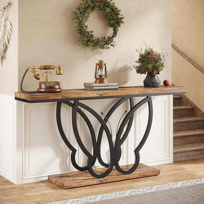 Landelijke Sidetable – Haltafel – Wandtafel – Sofatafel – Console – 140 cm Breed – Met Vlinder Metaalframe – Robuust Hout – Verstelbare Voetjes – Rustic Bruin & Zwart