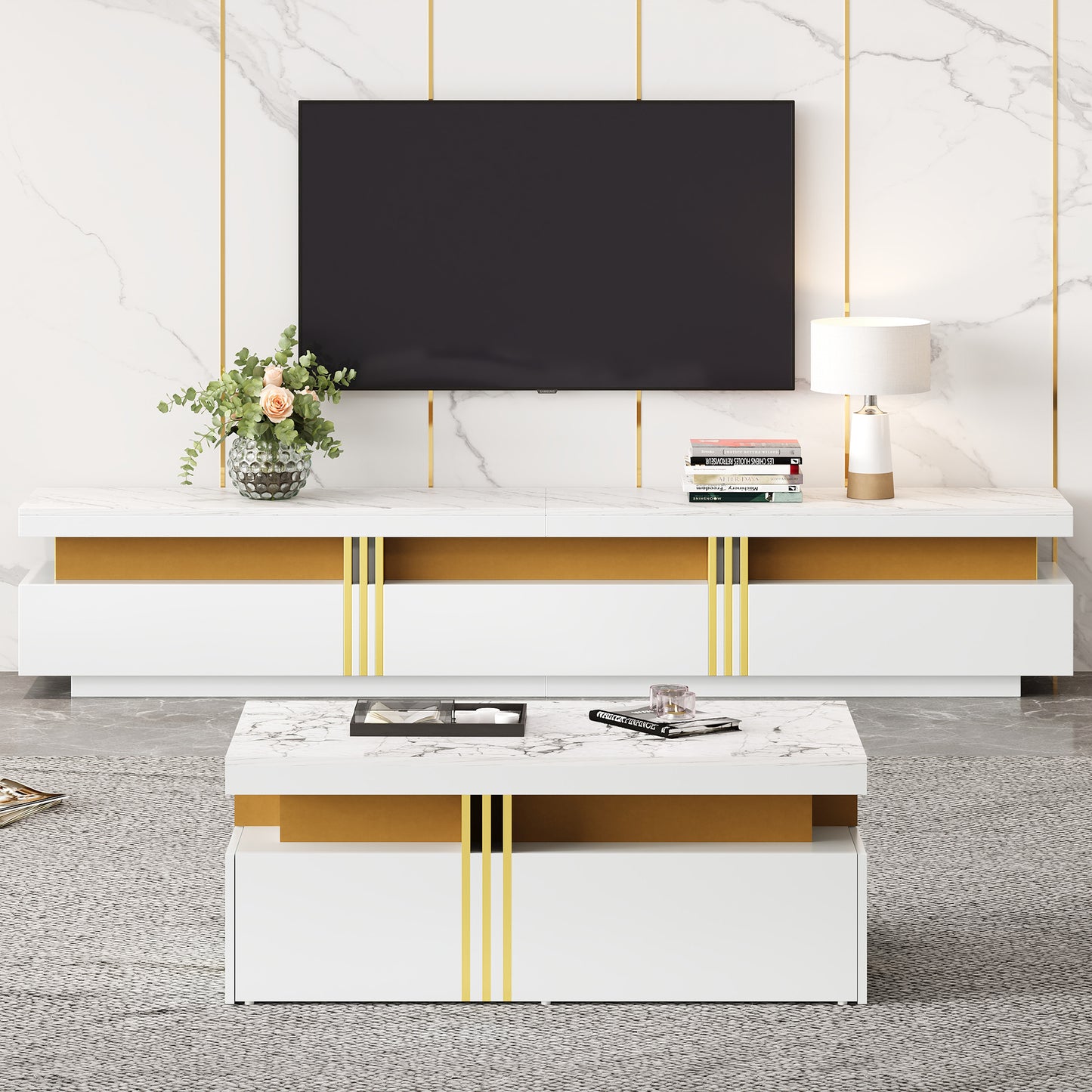 Tv Meubel – TV Kast – TV Meubels – TV Dressoir – TV Kasten – Marmerlook Hoogglans – Voor TV Tot 90 Inch – Inclusief Salontafel