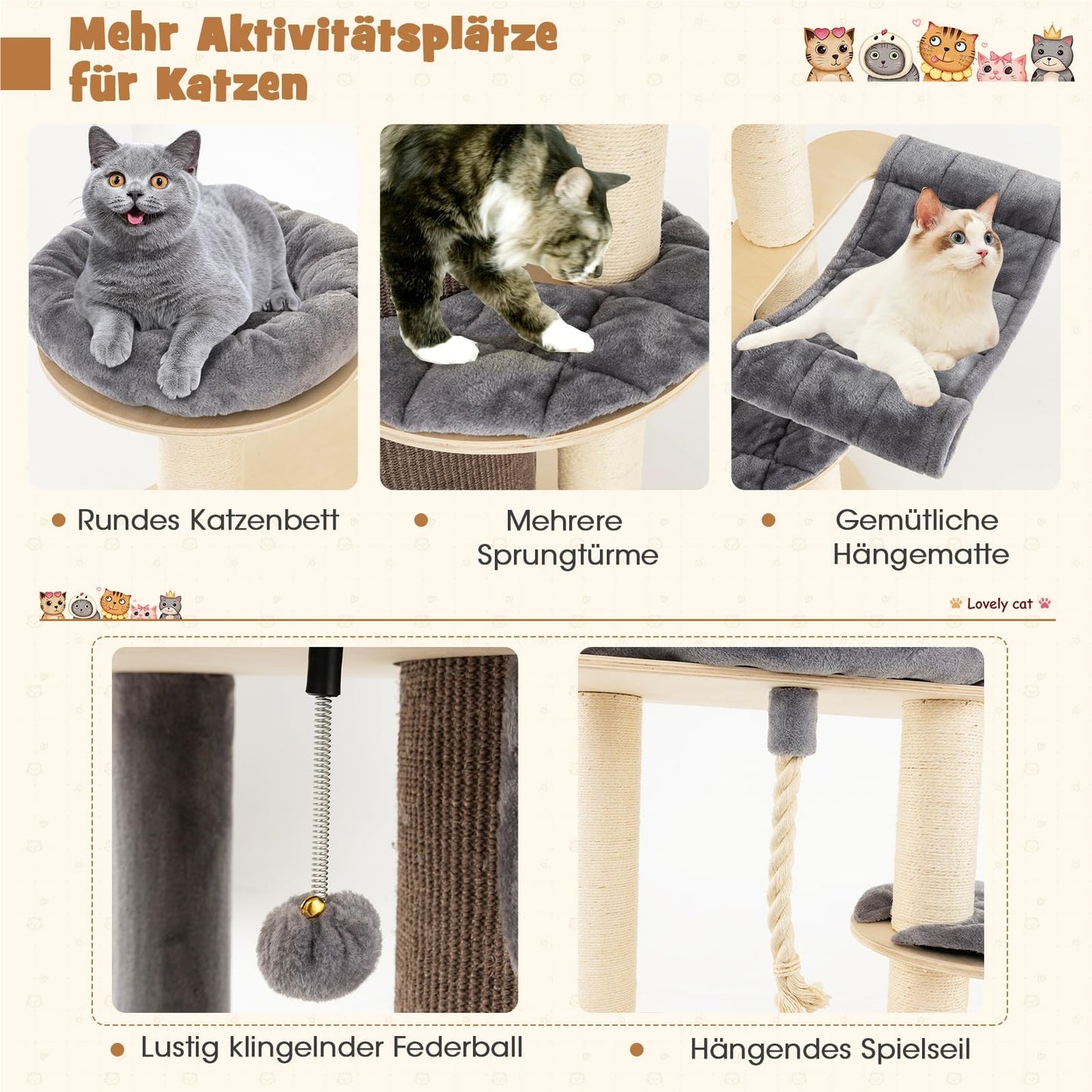 Krabpaal – Klimmeubel – Kattenmeubel – Kattenhuis – Speelboom – 173 cm Hoog – Massief Hout Met Sisal & Pluche