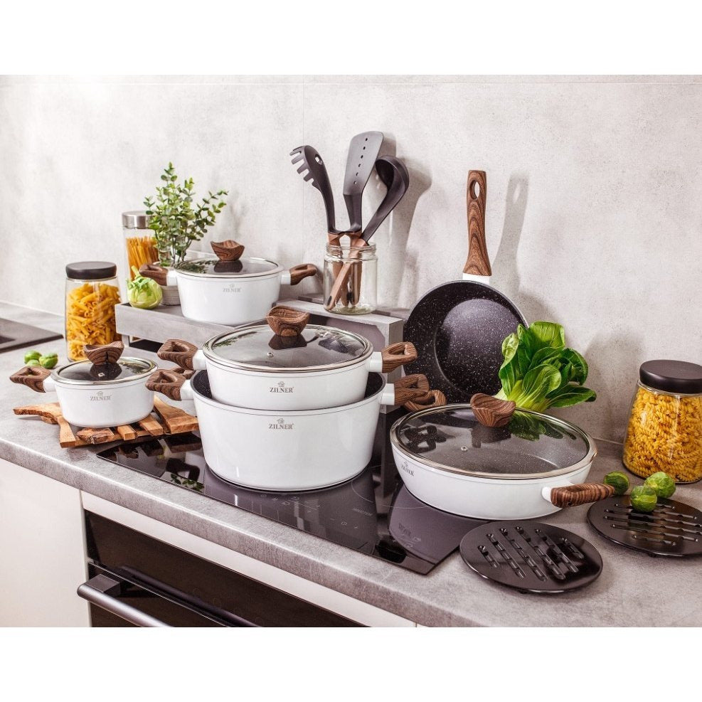 21-Delige Kookpottenset – Pannen Set – Kookpotten – Koekenpan – Inductiegeschikt – Wit – Aluminium Gietwerk – Keramische Anti-aanbaklaag