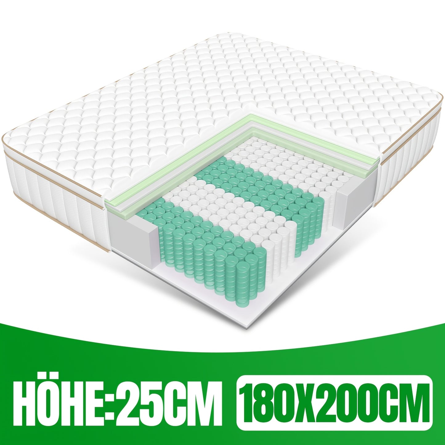 Pocketvering Matras – Ergonomisch Matras – 7-Zones Matras – Veermatras – Tijkmatras – 180x200x25 cm – Medium Stevig H3 – Hypoallergeen Katoen